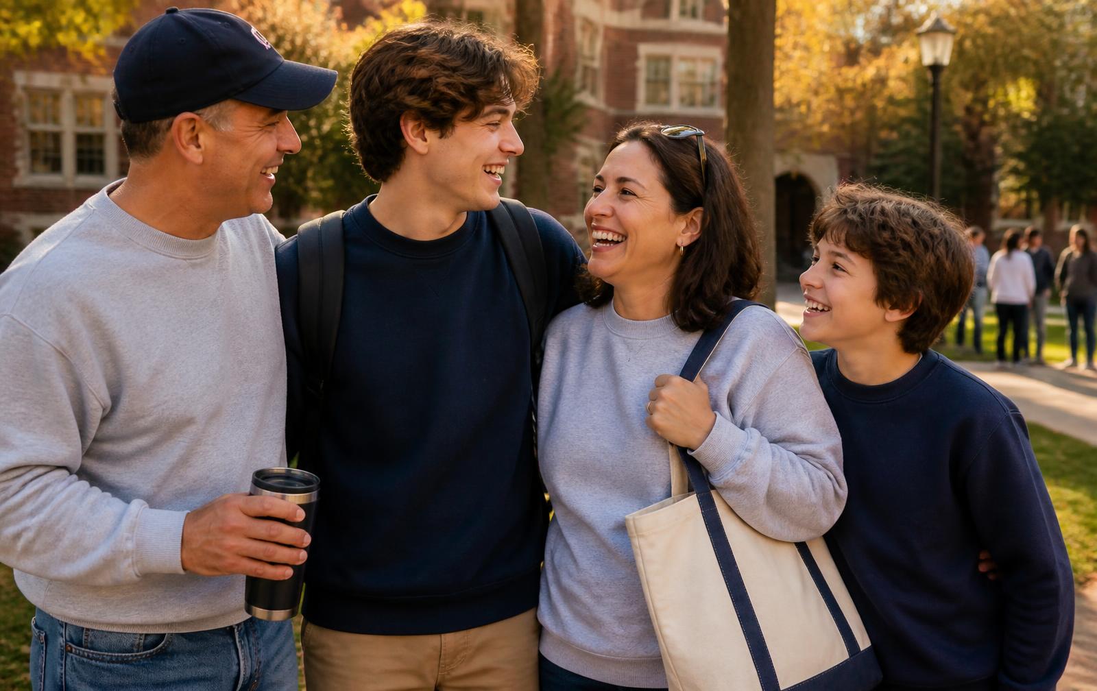 Families and students wearing matching branded apparel during a college parent and family weekend